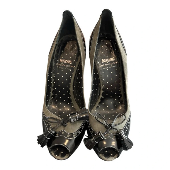 Moschino Italy Black & Gray Suede Leather Peep Toe Pumps Women’s Size 6.5 - Picture 2 of 9